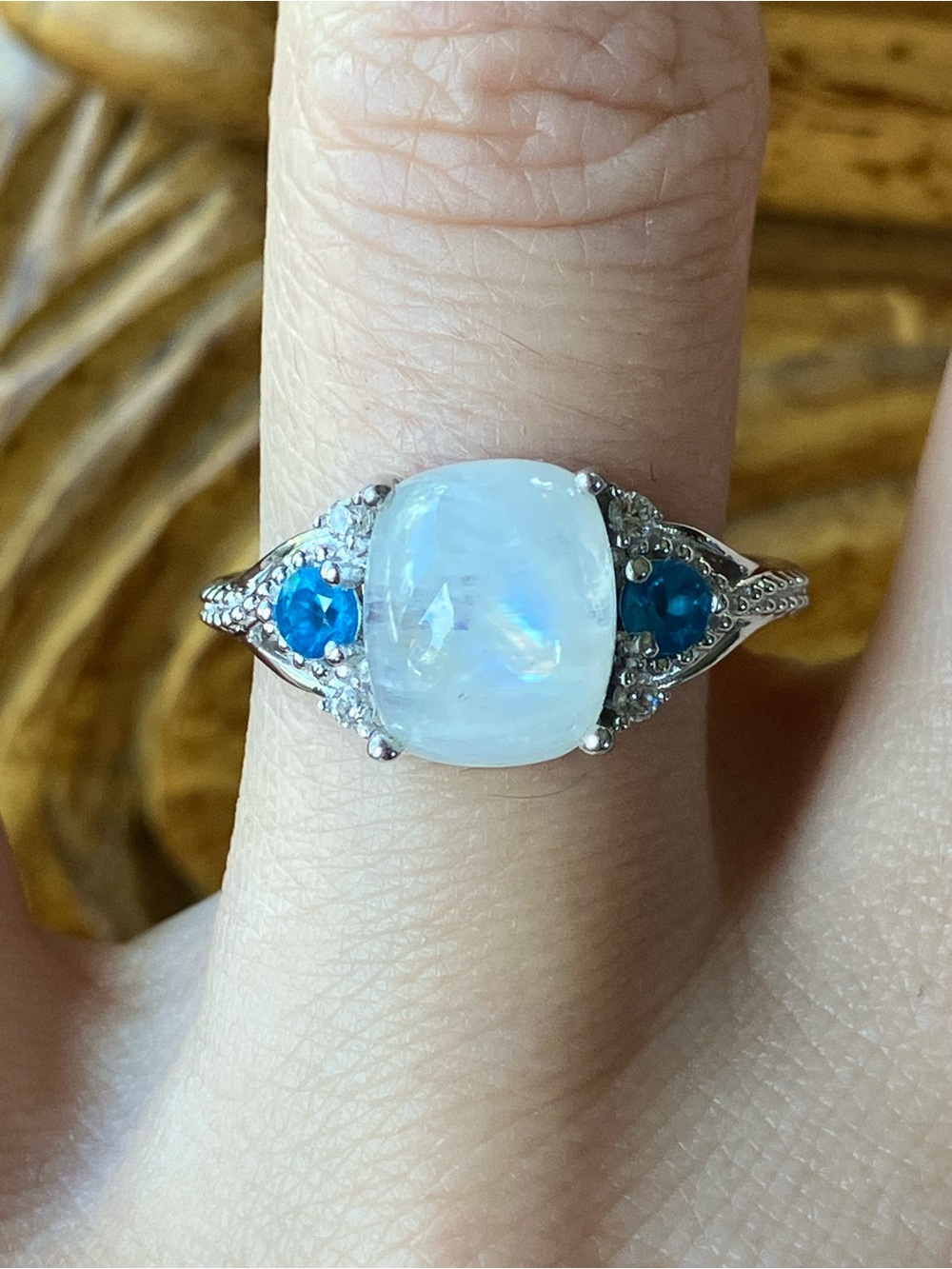 Rainbow Moonstone Blue Apatite Sterling Silver Ring Size 7.75